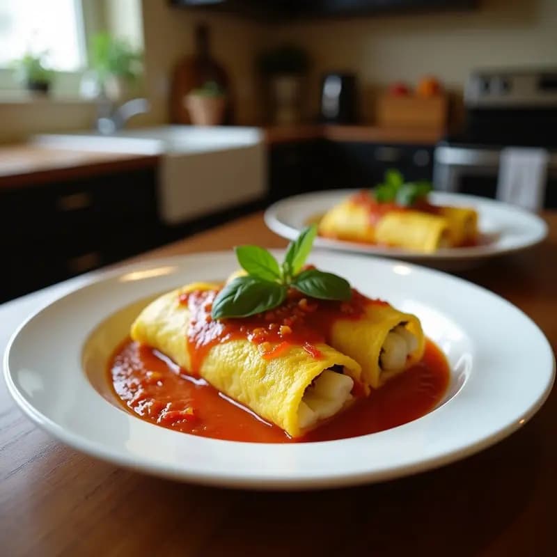 Bandeja de horno con rollitos de calabacín rellenos de polenta cremosa y champiñones, dorados al horno, decorados con hojas de albahaca fresca. Receta italiana sin gluten y vegana.