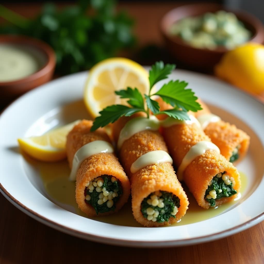 Rollitos de calamares dorados y crujientes rellenos de quinoa y espinacas, servidos en un plato blanco con salsa cremosa de ajo y perejil, acompañados de limón en rodajas y perejil fresco.