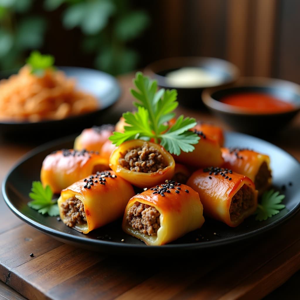 Rollitos de col china dorados y crujientes rellenos de carne de res y champiñones, servidos en una fuente de cerámica negra con semillas de sésamo negro y hojas de cilantro fresco, receta china en airfryer.
