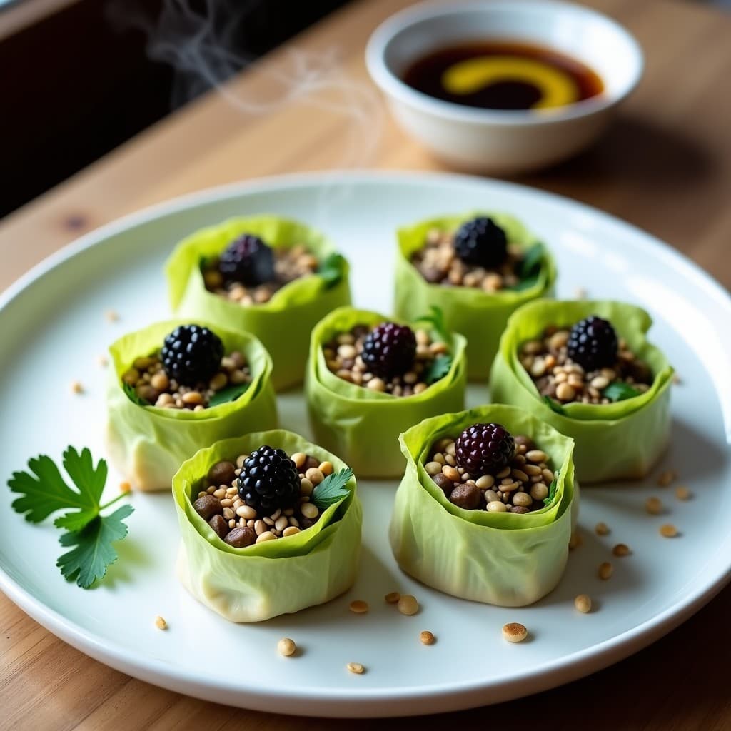 Rollitos de col china al vapor rellenos de champiñones shitake y zarzamora, servidos en plato blanco con semillas de sésamo y hojas de cilantro, receta vegana con toque peruano.