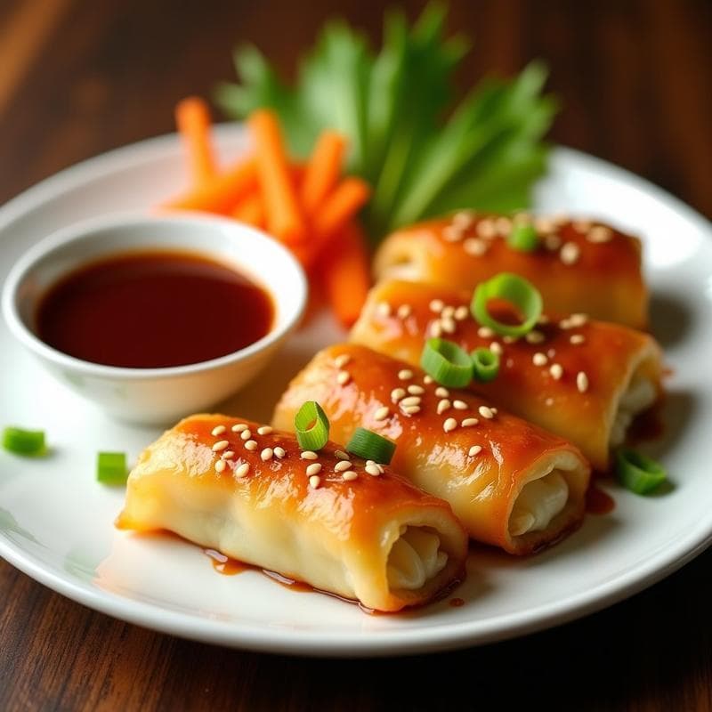 Rollitos de col china dorados y crujientes rellenos de langostinos, servidos en un plato blanco con salsa hoisin espesa al lado. Decorados con semillas de sésamo y rodajas de zanahoria. Receta china en airfryer bajo en calorías.