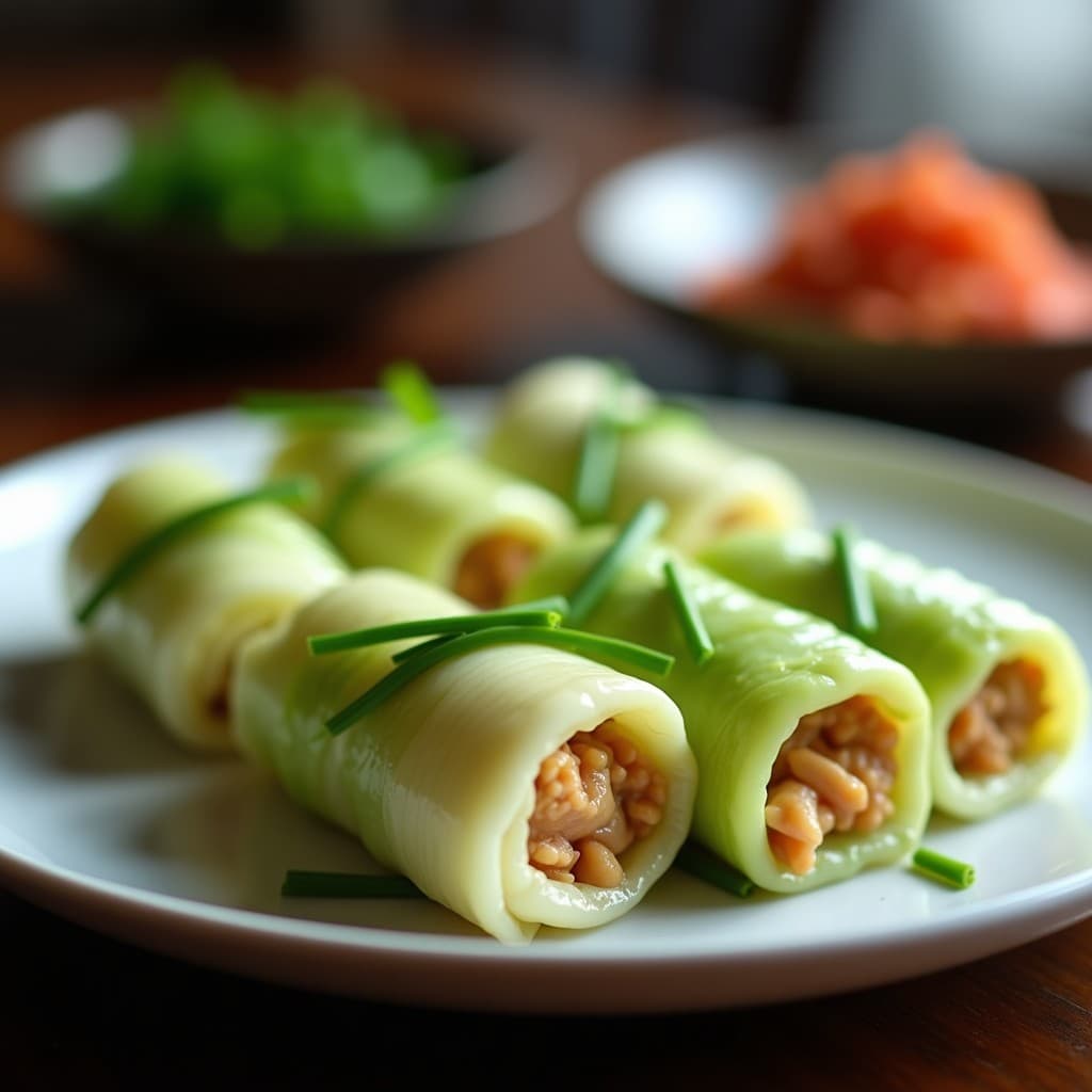 Rollitos de col china napa rellenos de pollo y castañas de agua, cocinados al vapor, dispuestos en un plato de cerámica blanca con vapor visible y decorados con cebollino fresco, receta china tradicional saludable.
