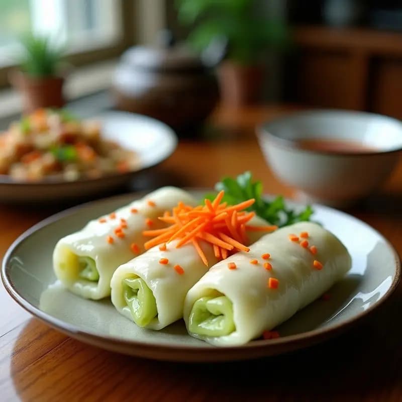 Rollitos de col china rellenos de tofu desmenuzado y zanahoria rallada, cocinados al vapor, servidos en un plato blanco con hojas de cilantro fresco y salsa de soja al lado. Receta vegana y saludable.