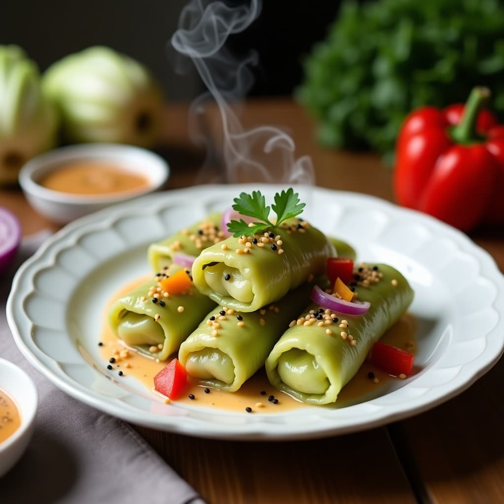 Rollitos de col china rellenos de zapatitos de la huerta y cebolla morada, servidos en un plato blanco con salsa de sésamo espesa y semillas de sésamo tostadas. Receta vegana al vapor, baja en calorías y saludable.
