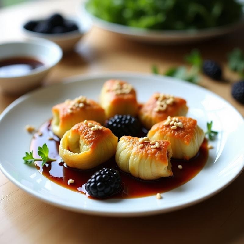 Rollitos de col china dorados y crujientes rellenos de zarzamora y verduras, servidos en un plato blanco con salsa de soja reducida brillante, decorados con semillas de sésamo y zarzamoras frescas.
