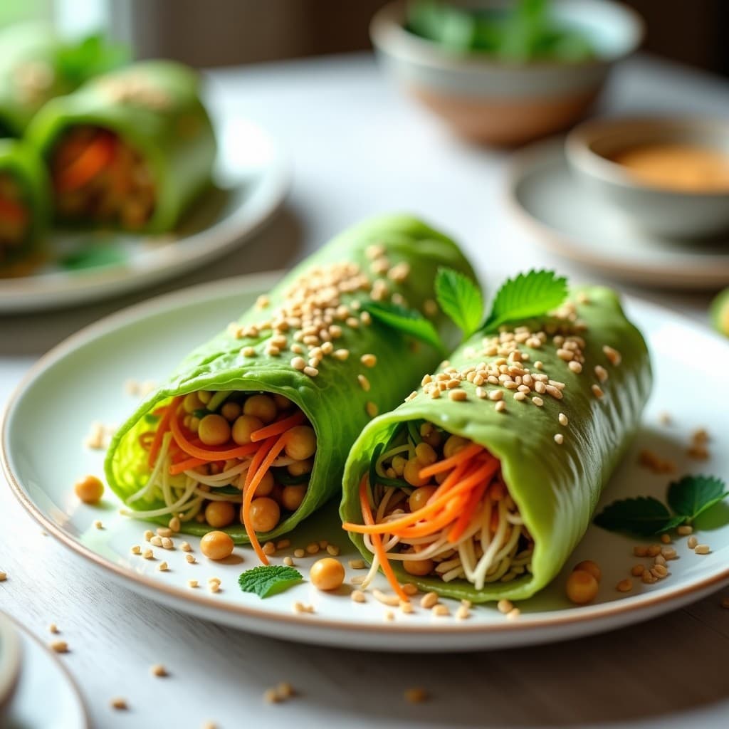 Rollitos de col china frescos rellenos de germinados de lentejas y garbanzos, acompañados de salsa de cacahuete cremosa y espolvoreados con semillas de sésamo, presentados en un plato blanco sobre fondo de madera clara.