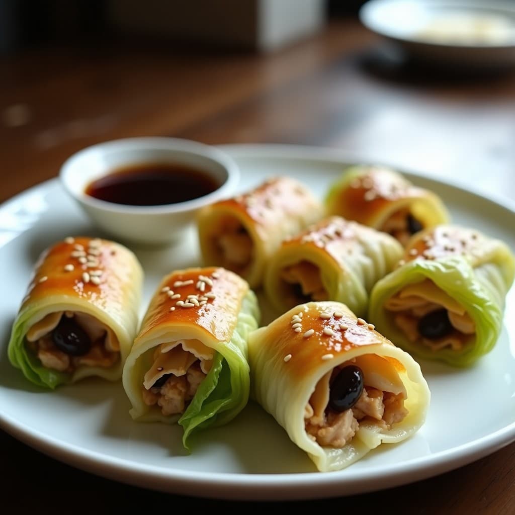 Rollitos de col china rellenos de pollo desmenuzado y ciruelas pasas, dorados y crujientes, servidos en una fuente de cerámica blanca con salsa de soja y semillas de sésamo espolvoreadas, receta china en airfryer.