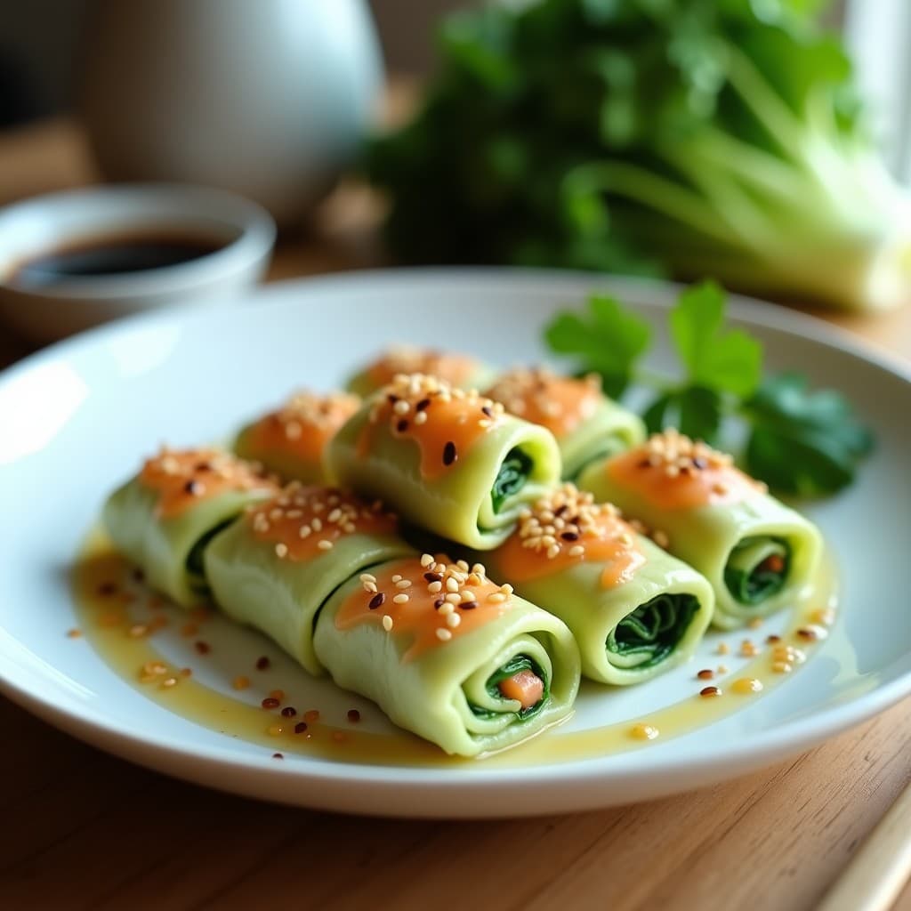 Rollitos de col rellena de salmón y espinacas servidos en un plato blanco, con semillas de sésamo espolvoreadas y un hilo de aceite de sésamo, acompañados de una salsa oscura. Receta baja en calorías con toque asiático.