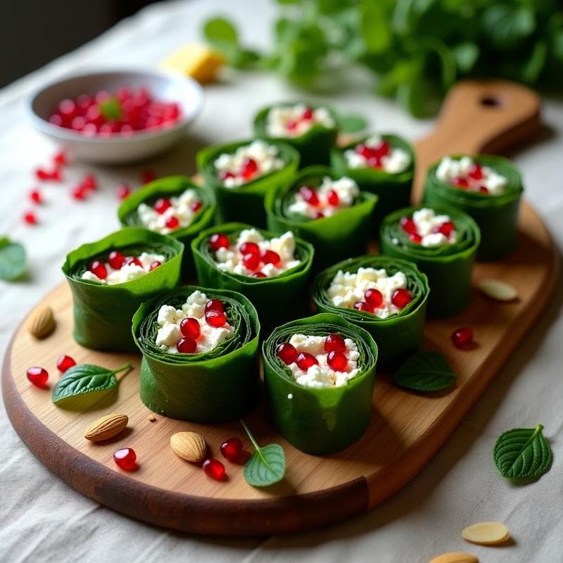 Bandeja de madera con rollitos de col rizada rellenos de queso feta desmenuzado, semillas de granada rojas y almendras fileteadas, decorados con hojas de menta y bañados en vinagreta brillante. Receta griega finger food saludable.