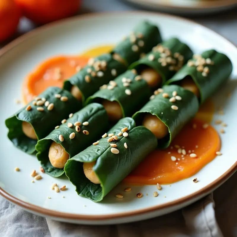 Rollitos de col rizada verde oscuro rellenos de hummus cremoso de habas y zanahoria rallada, espolvoreados con semillas de sésamo. Aperitivo sin gluten fresco y colorido sobre un plato blanco rústico.