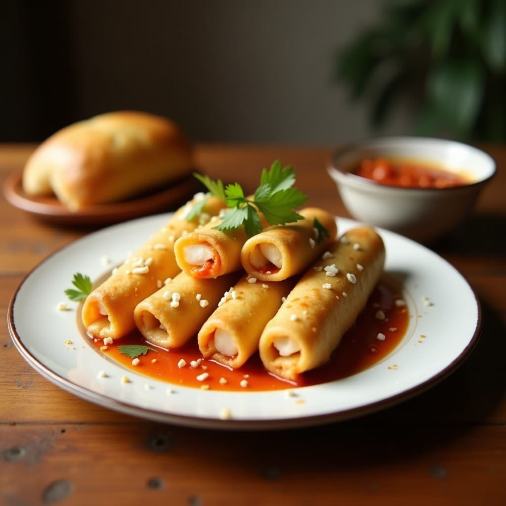 Rollitos dorados de col rizada rellenos de queso feta y piñones, servidos en plato blanco con salsa espesa de higueras y decoración de romero fresco. Entrante mediterráneo crujiente y elegante.