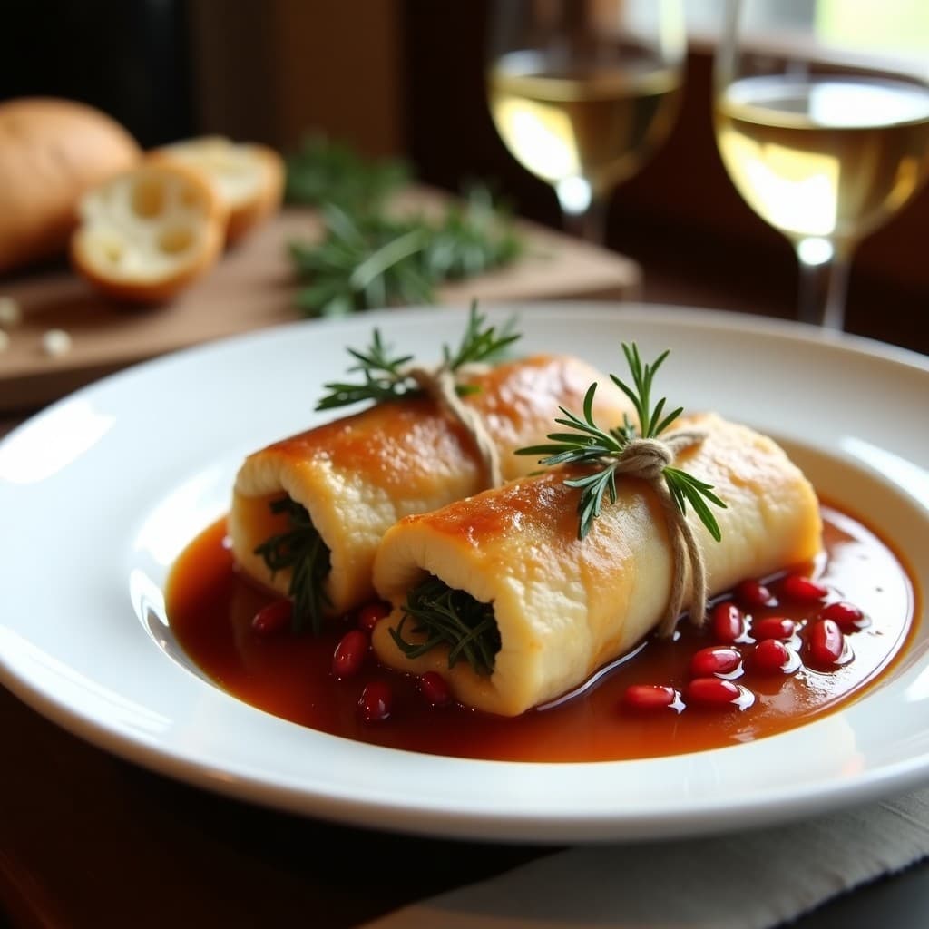 Plato de porcelana blanca con rollitos de conejo escabechado dorados, bañados en salsa espesa con hierbas provenzales, decorados con semillas de granada rojas y almendras fileteadas tostadas. Fondo rústico con hierbas frescas y una copa de vino blanco.