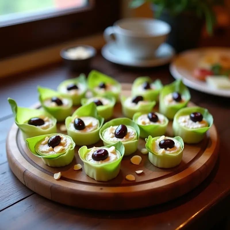 Rollitos de endibia rellenos de paté cremoso de aceitunas kalamata y queso de cabra desmenuzado, espolvoreados con almendras fileteadas. Aperitivo francés keto servido en una bandeja de madera con fondo borroso.