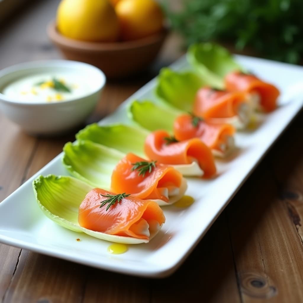 Plato blanco alargado con rollitos de endivia belga rellenos de salmón ahumado, acompañados de un cuenco pequeño con salsa cremosa de yogur de soja y eneldo, decorado con hojas de eneldo fresco y ralladura de limón. Entrante belga elegante y saludable.