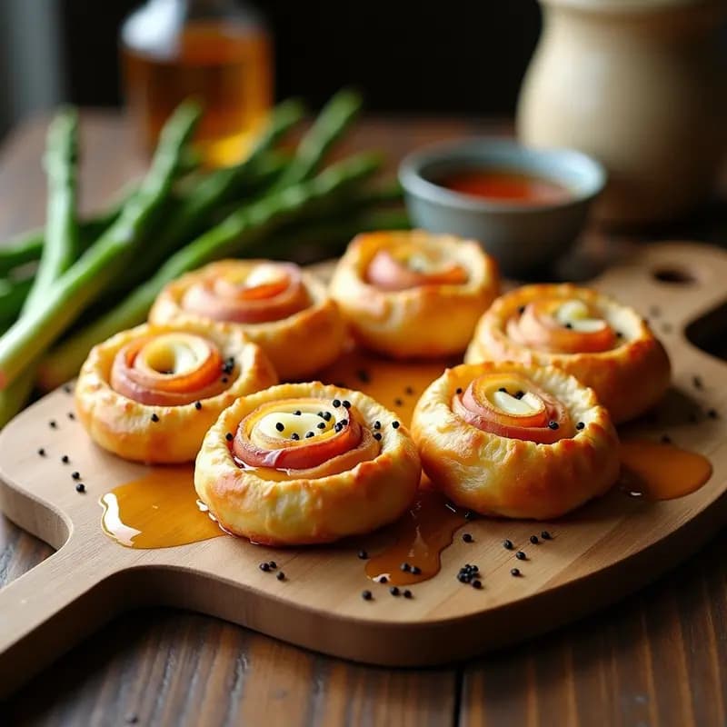 Rollitos dorados de masa de hojaldre cortados en espiral, rellenos de espárragos trinchados, jamón serrano y queso brie fundido, servidos en tabla de madera con hilo de miel y semillas de sésamo negro. Receta de rollitos de espárragos jamón serrano y queso brie.