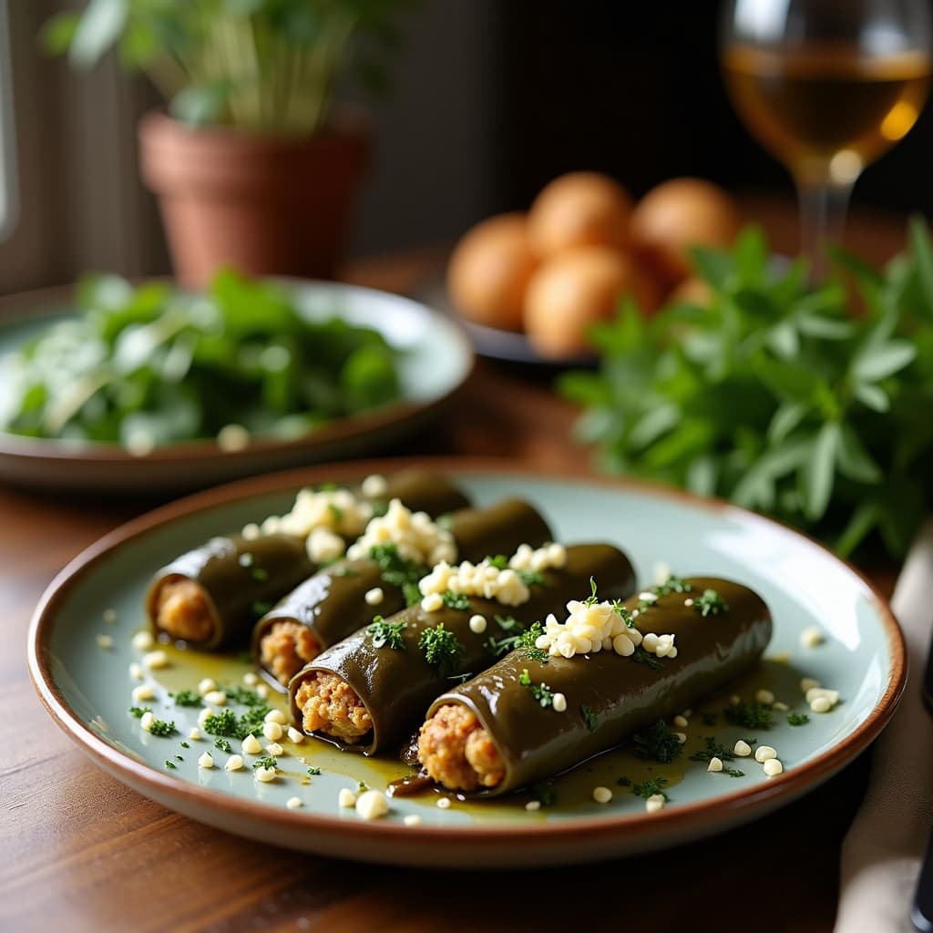 Bandeja de madera con rollitos de hoja de parra rellenos de queso vegano cremoso, decorados con eneldo fresco y rodajas de limón. Entrante mediterráneo sin horno, fresco y colorido.