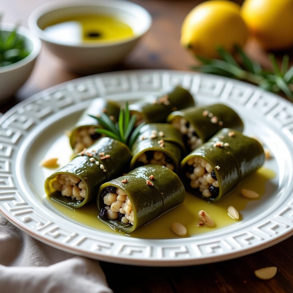 Rollitos de hoja de parra rellenos de quinoa y pasas negras, servidos en un plato blanco con detalles griegos, acompañados de limón y hierbas frescas. Receta vegana y saludable en Thermomix.