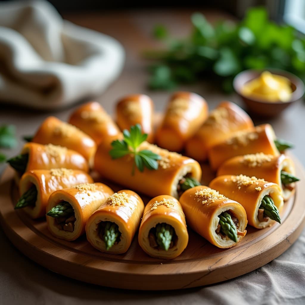 Rollitos de hojaldre dorados y crujientes rellenos de champiñones portobello y espárragos trigueros, servidos en una bandeja de madera con perejil fresco espolvoreado, aperitivo francés en airfryer.