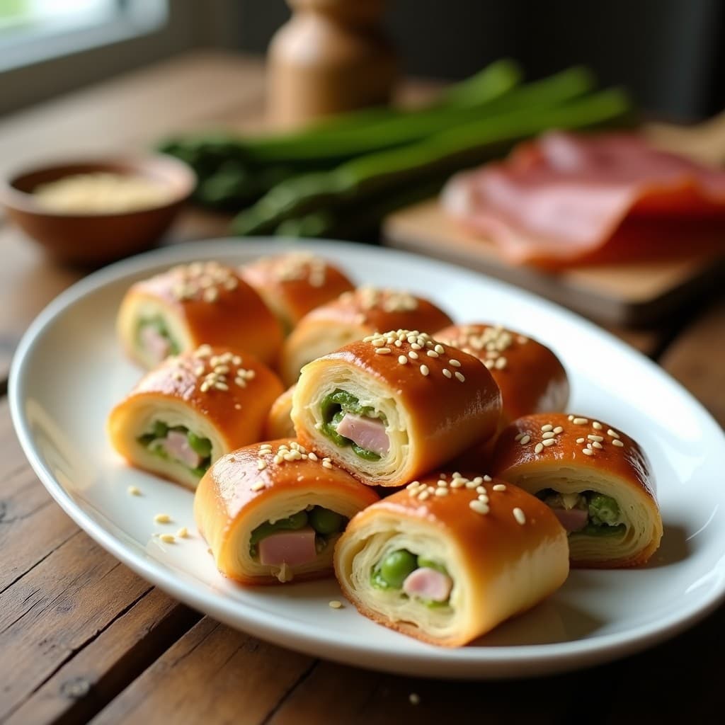 Bandeja de rollitos de hojaldre dorados y crujientes rellenos de crema de espárragos trigueros y jamón serrano, aperitivo español gourmet listo en 15 minutos.