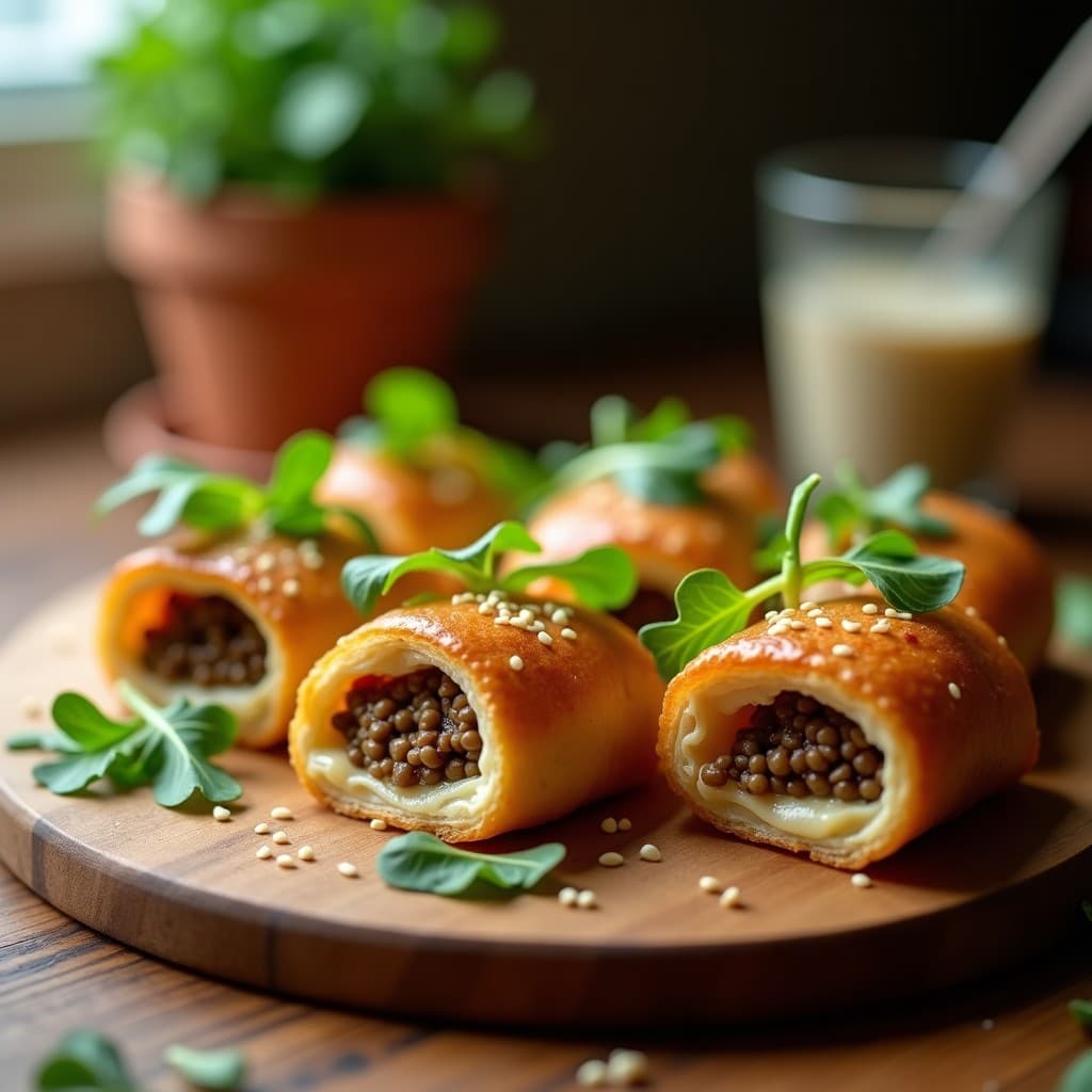 Rollitos de hojaldre integral dorados y crujientes rellenos de paté de lentejas beluga oscuro, acompañados de hojas de rúcula fresca y semillas de sésamo. Plato de aperitivo francés sin lactosa servido en bandeja de madera rústica.