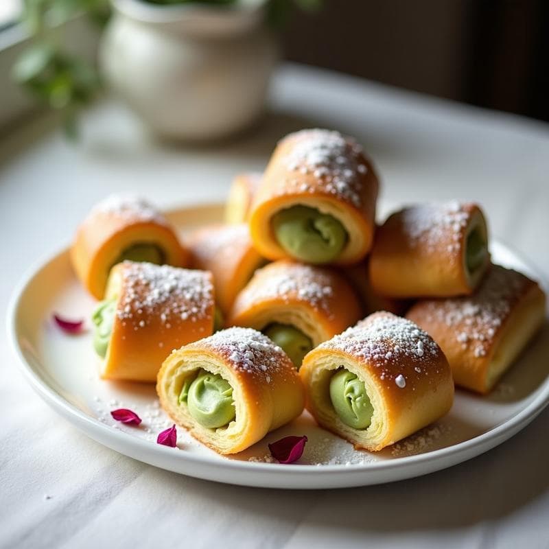 Rollitos de hojaldre sin gluten dorados y crujientes rellenos de crema de pistacho y rosa, servidos en una bandeja blanca con pétalos de rosa comestibles como decoración, postre francés elegante.