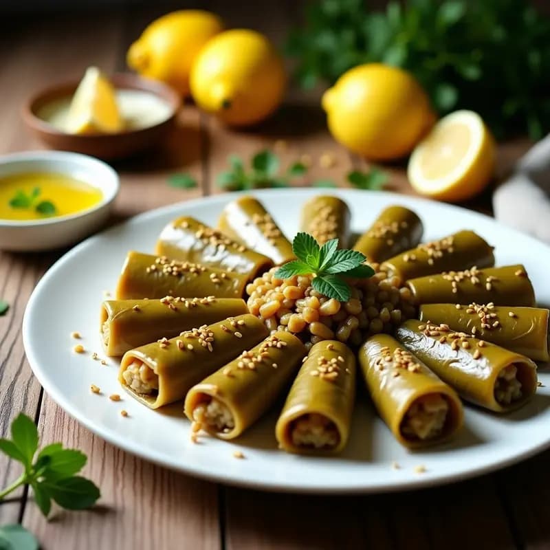 Fuente de cerámica blanca con rollitos de hojas de parra dorados rellenos de arroz basmati, decorados con semillas de sésamo y hojas de menta fresca. Receta de dolmas persas sin carne.