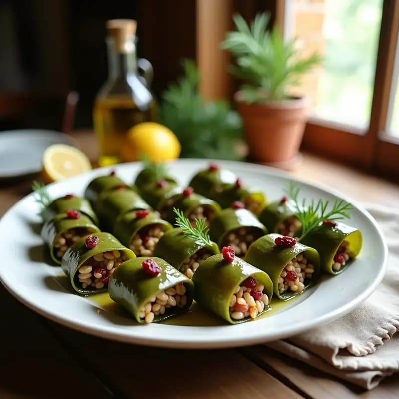 Rollitos de hojas de parra rellenos de arroz salvaje y arándanos, servidos en una fuente de cerámica blanca, con un hilo de aceite de oliva y eneldo fresco como decoración. Plato griego sin gluten al vapor.