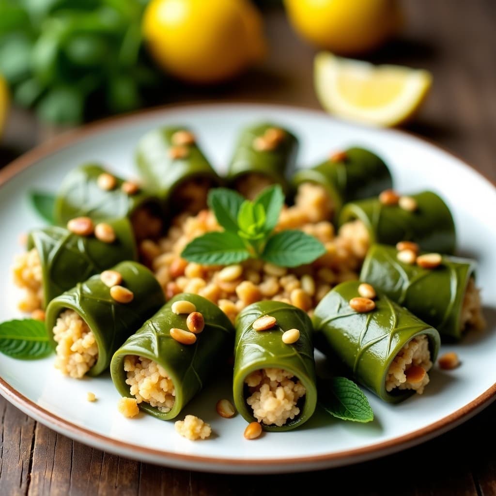 Rollitos de hojas de parra rellenos de arroz de coliflor y piñones, dispuestos en una fuente de cerámica blanca con hojas de menta fresca y rodajas de limón, receta griega keto.