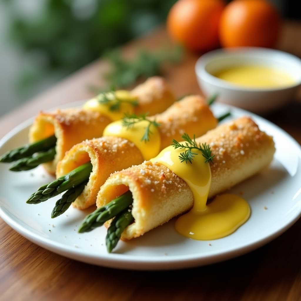 Rollitos dorados de huevo y espárragos trigueros en bandeja de airfryer, con salsa holandesa cremosa y perejil picado, receta francesa elegante.
