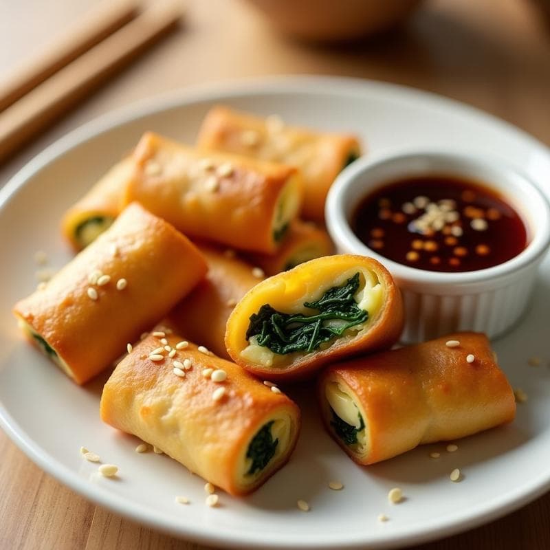 Rollitos de huevo y espinacas dorados en airfryer, cortados en trozos y servidos con salsa teriyaki brillante en un plato blanco, receta china para niños.