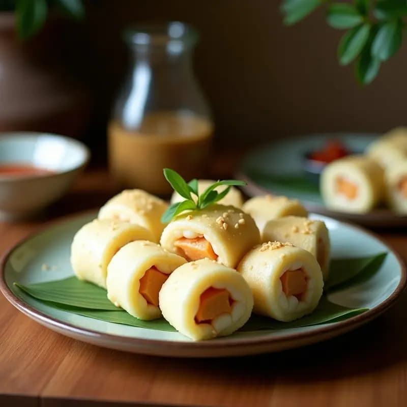 Rollitos de leche de coco y pandan veganos sobre un plato blanco, decorados con coco rallado y hojas de pandan, con un fondo de madera clara que resalta su color verde suave y textura sedosa.