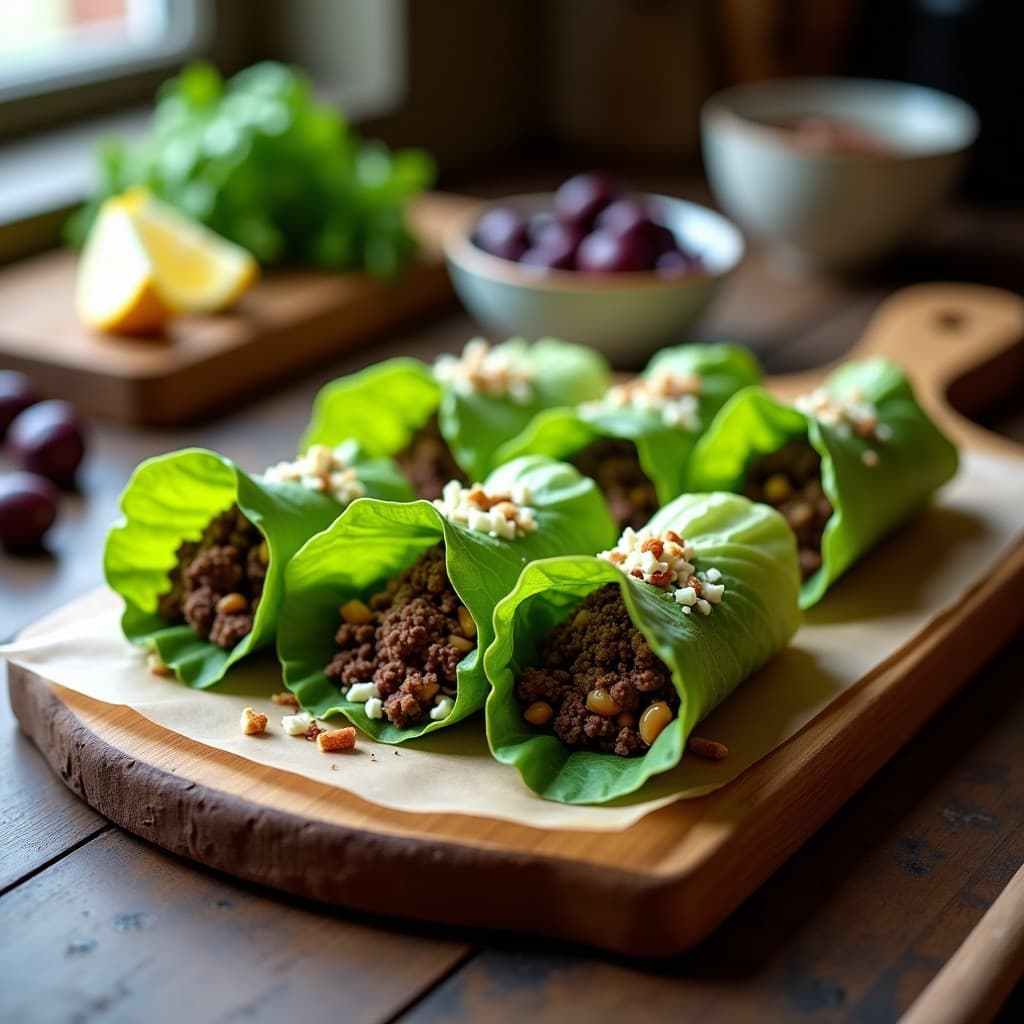 Rollitos de lechuga hoja de roble rellenos de pate cremoso de aceitunas negras kalamata y anchoas, servidos en bandeja de madera con hierbas provenzales espolvoreadas y rodajas de limón al lado. Receta griega baja en carbohidratos y keto.