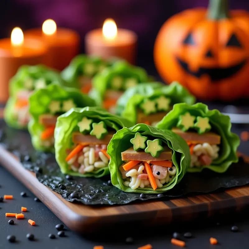 Rollitos de lechuza con aguacate y atún en hoja de nori sobre una tabla de madera oscura, decorados con semillas de sésamo negro y láminas de aguacate en forma de ojos, con un fondo de Halloween tenebroso y velas. Entrante japonés viral y fotogénico.