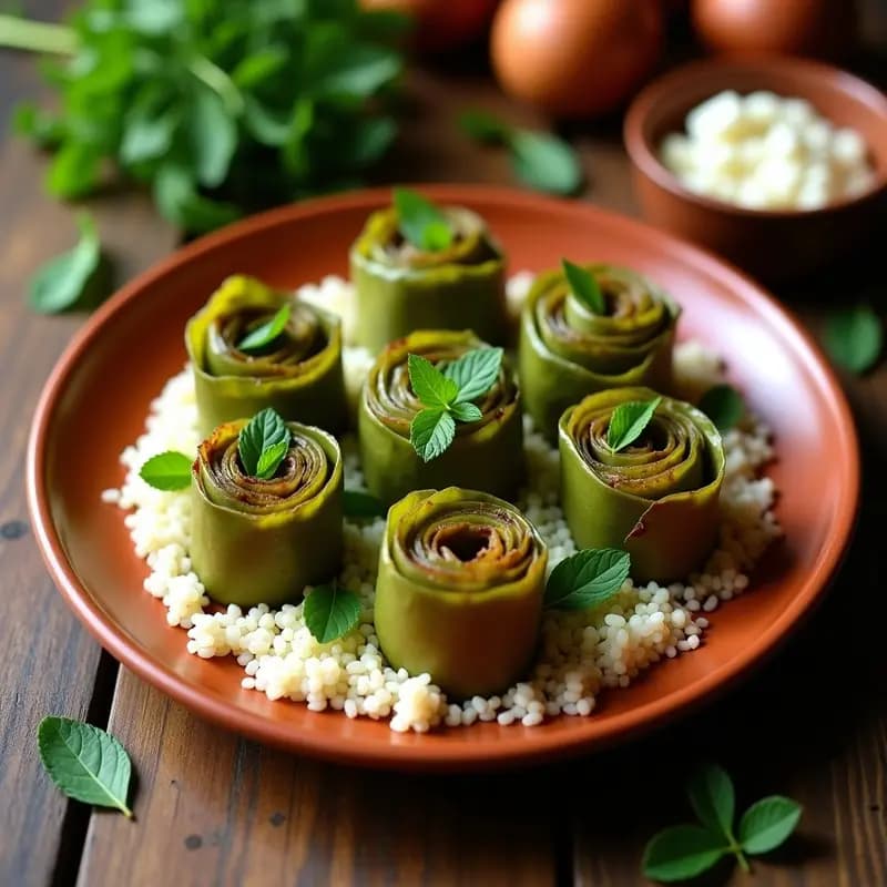 Plato rústico de barro con rollitos de lechuza asada envueltos en hojas de parra, servidos sobre un lecho de arroz basmati y decorados con menta fresca. Receta griega tradicional en olla lenta.