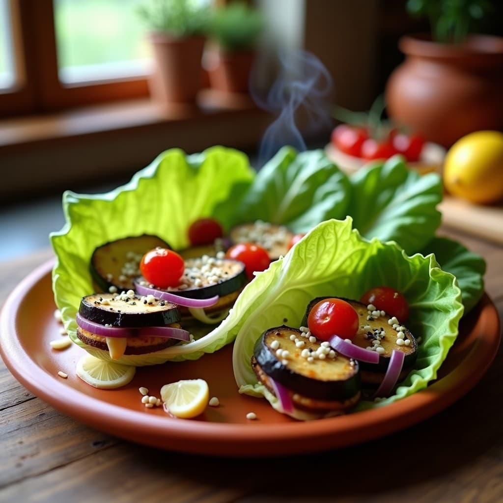 Rollitos de lechuga romana fresca rellenos de berenjena asada dorada, almendras fileteadas y tomates secos, servidos en una fuente de barro con salsa de miso cremosa y semillas de sésamo. Receta griega vegana al horno.