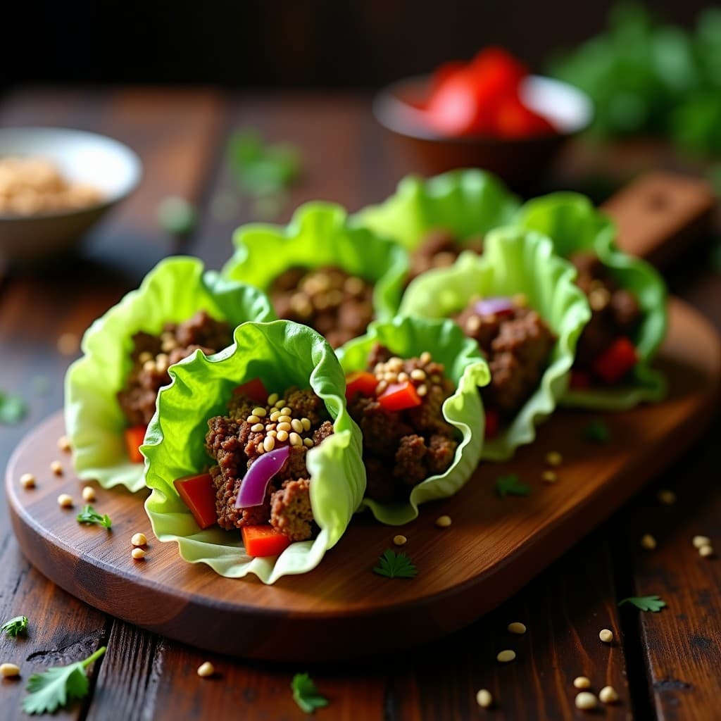 Rollitos de lechuga romana fresca rellenos de carne de res salteada con cebolla morada, pimiento rojo y champiñones, bañados en salsa hoisin oscura y decorados con semillas de sésamo, cacahuetes picados y cilantro fresco. Plato bajo en calorías de inspiración china, servido en bandeja de madera.