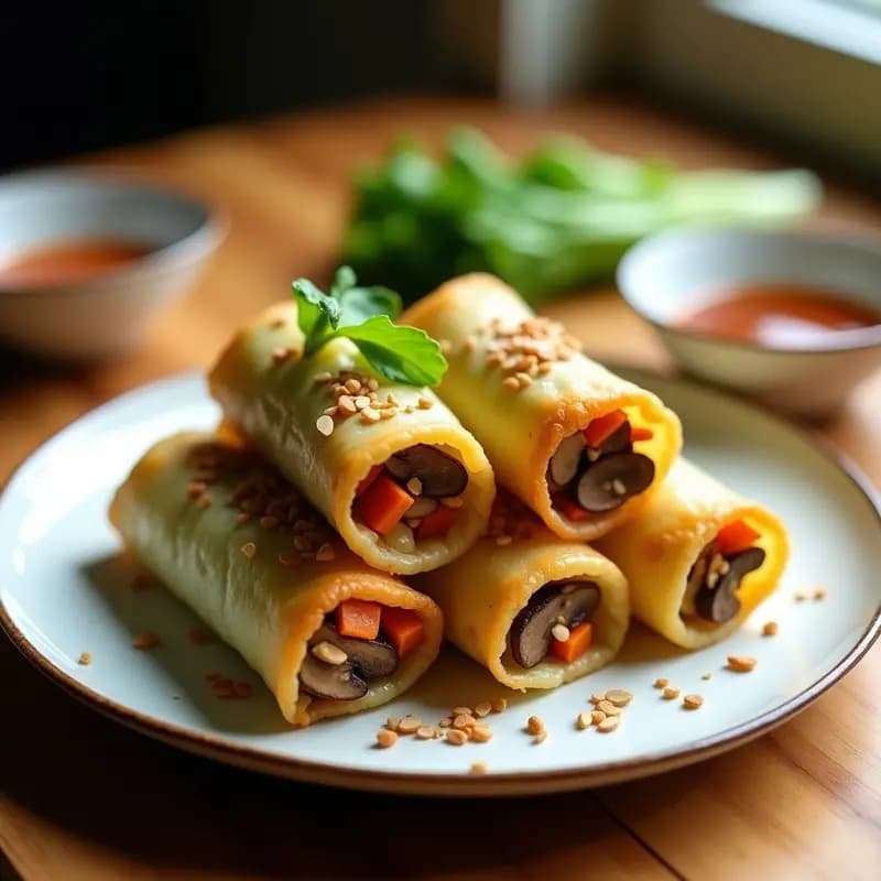 Rollitos de lechuga iceberg rellenos de champiñones portobello, zanahoria y cebolla morada, dorados en airfryer con semillas de sésamo y almendras molidas. Servidos con salsa de ostra vegana en un plato blanco rústico.