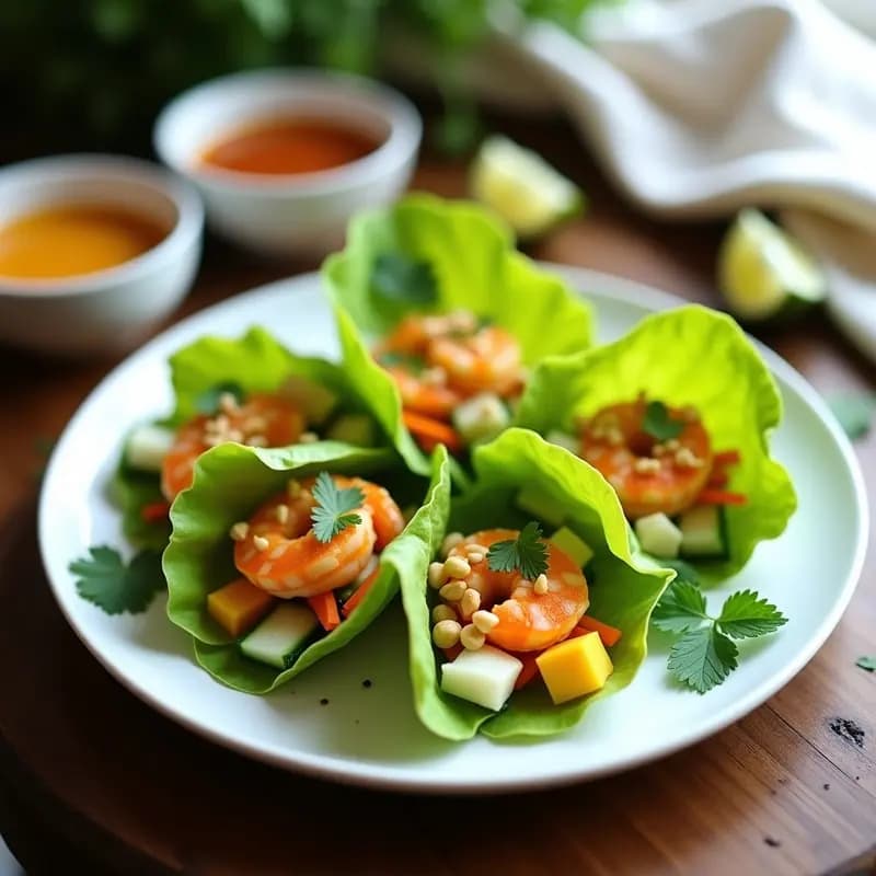 Rollitos de lecha de cocina abiertos mostrando langostinos troceados, mango en juliana y hierbas frescas, servidos en plato de cerámica blanca con salsa de cacahuete al lado.