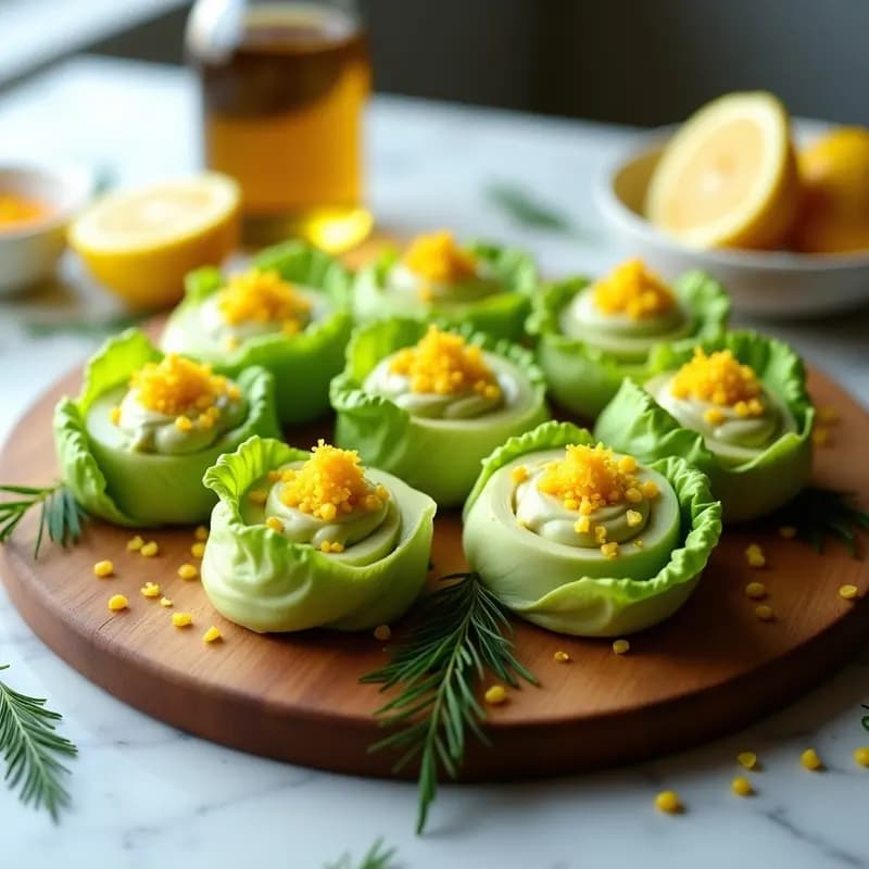 Plato blanco elegante con rollitos de lechuga iceberg rellenos de crema de aguacate verde brillante y caviar de limón amarillo, decorados con semillas de sésamo y cebollino picado. Receta de rollitos de lechuga con crema de aguacate y caviar de limón.