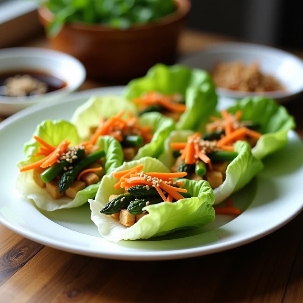 Rollitos de lechuga romana rellenos de espárragos trigueros, zanahoria y tofu, cocinados al vapor y servidos con salsa de soja y jengibre. Decorados con semillas de sésamo y pimienta negra, sobre un plato blanco con fondo de madera rústica.