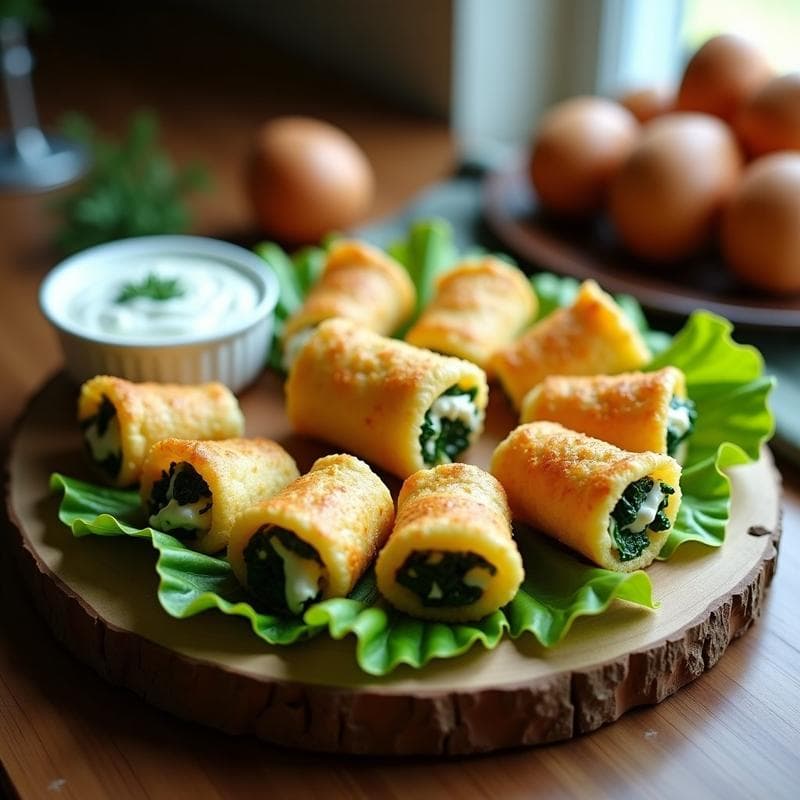 Rollitos dorados y crujientes de hoja de lechuga romana rellenos de espinacas y queso de cabra, servidos en una bandeja de madera con salsa de yogur al lado. Receta de aperitivo francés en airfryer.