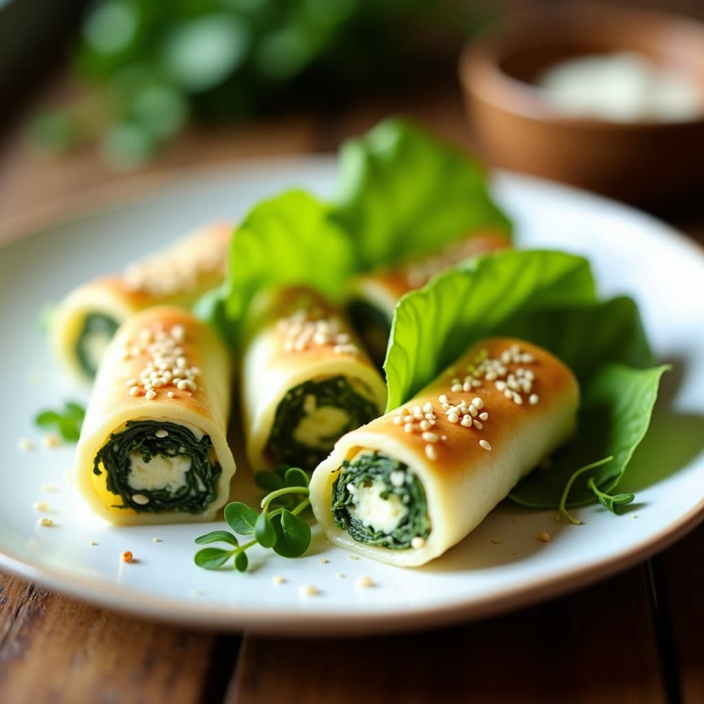 Rollitos de lechuga romana rellenos de espinacas y queso vegano, envueltos en una masa dorada de coliflor y espolvoreados con semillas de sésamo, servidos en un plato blanco con fondo rústico. Receta vegana, keto y sin gluten.