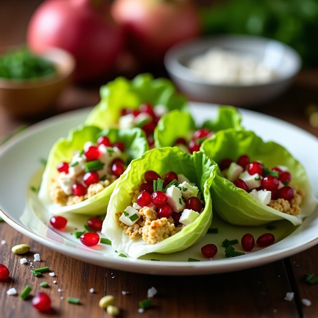 Plato blanco con rollitos de lechuga rellenos de queso feta desmenuzado, semillas de granada rojas brillantes y pistachos picados, decorados con hojas de menta fresca y un hilo de miel dorada.