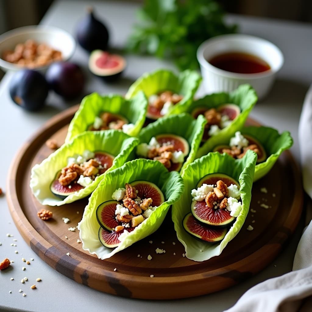 Plato blanco ovalado con rollitos de lechuga romana rellenos de queso feta desmenuzado, higos asados dorados y nueces picadas, decorado con miel de tomillo y pimienta negra, sobre fondo de madera rústica con hojas de tomillo fresco.