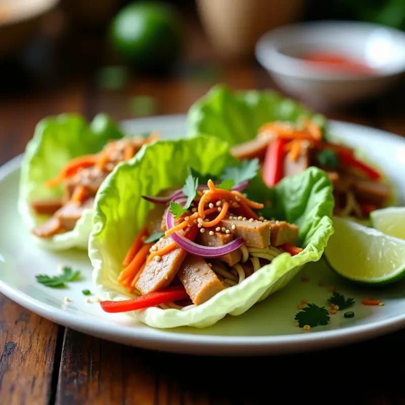 Plato de rollitos de lechuga iceberg rellenos de fideos de arroz, cerdo adobado en tiras, cebolla morada, pimiento rojo y zanahoria, espolvoreados con semillas de sésamo y cilantro fresco. Receta china pikante y crujiente servida con gajos de limón.