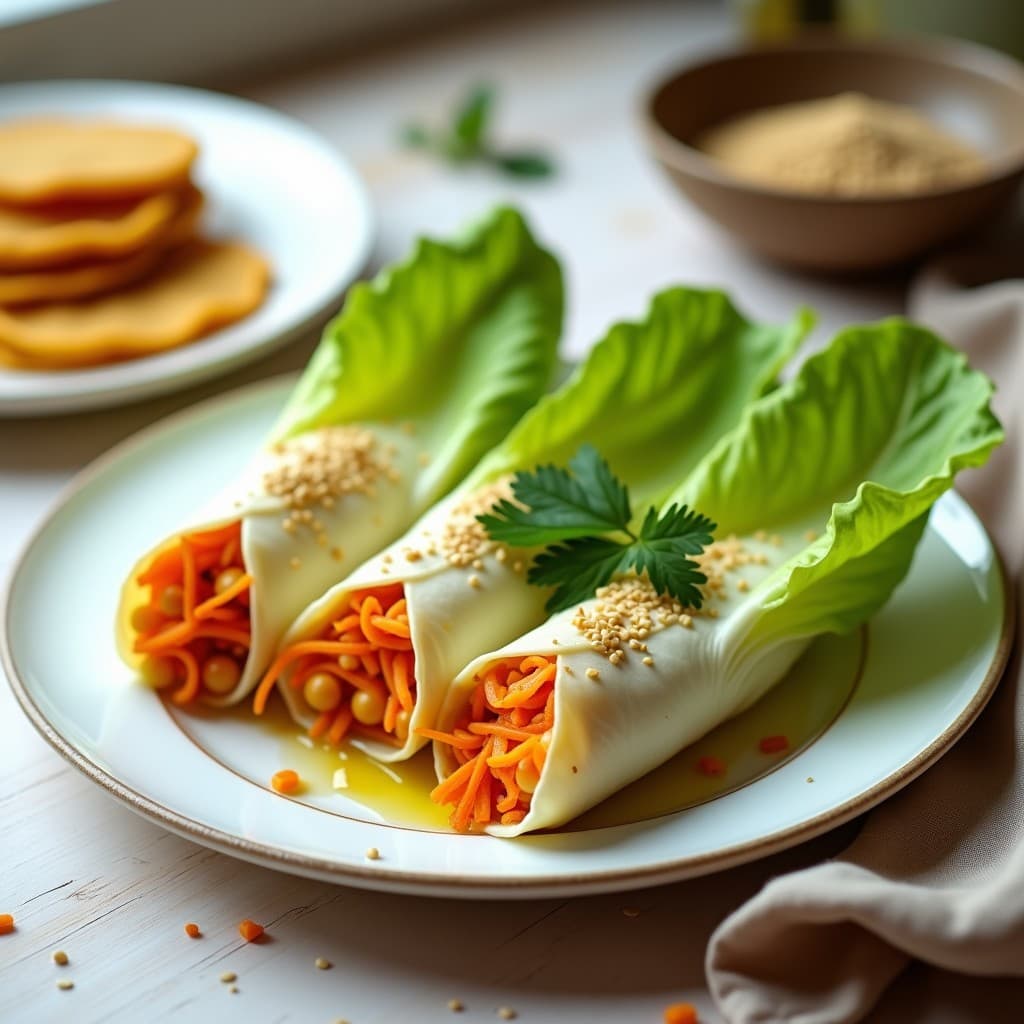 Rollitos de lechuga romana rellenos de filloa de garbanzo dorada y zanahoria rallada, espolvoreados con semillas de sésamo. Plato blanco rústico con fondo de madera clara y hierbas frescas.