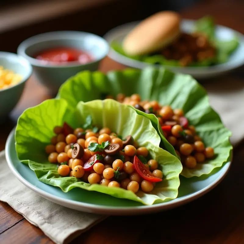 Bandeja de madera con rollitos de lechuga iceberg rellenos de garbanzos y aceitunas Taggiasche, decorados con albahaca fresca. Entrante italiano crudivegano fresco y colorido.