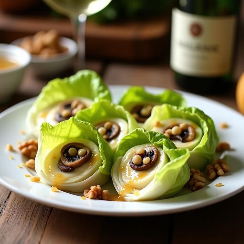 Rollitos de hojas de lechuga iceberg rellenos de hongos portobello salteados y queso brie derretido, servidos en una fuente blanca con nueces picadas y un hilo de miel. Entrante francés gourmet elegante y apetecible.
