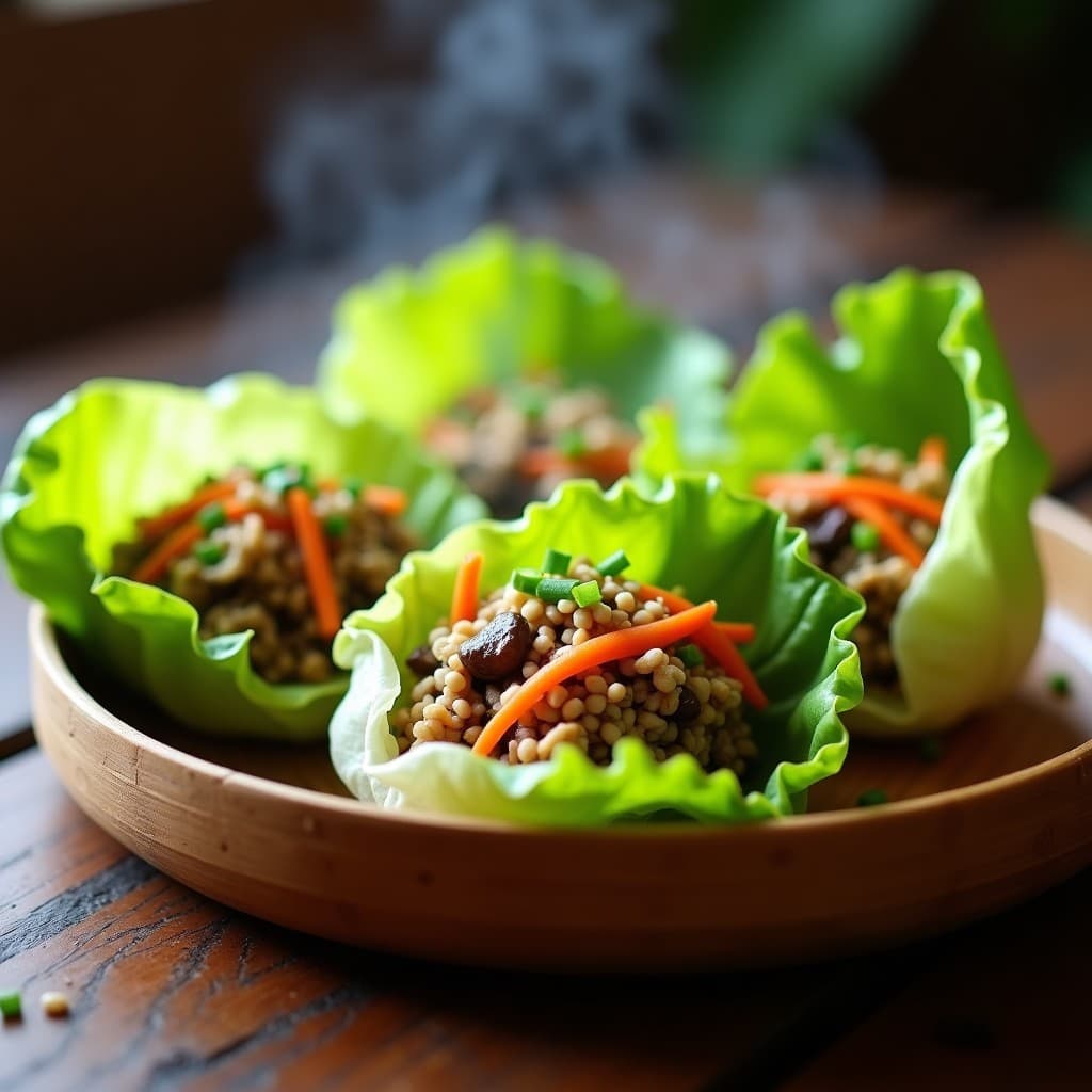 Rollitos de lechuga romana rellenos de hongos shiitake y cebollino al vapor, servidos en un plato de bambú con semillas de sésamo espolvoreadas y cebollino fresco, receta vegana china ligera y saludable.
