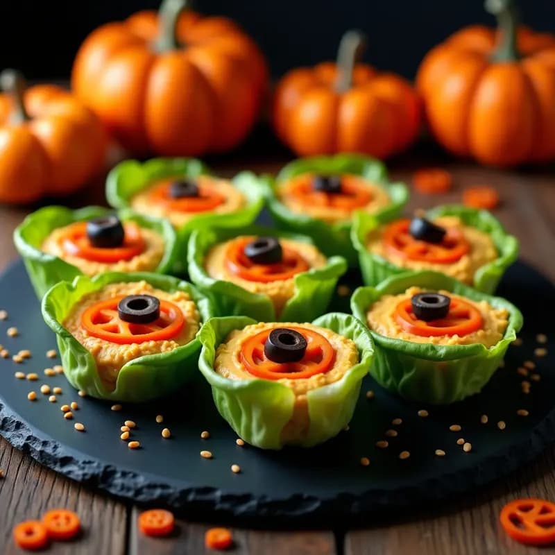 Rollitos de lechuga iceberg rellenos de hummus cremoso y zanahoria rallada, decorados como ojos de búho con aceitunas negras y tiras de pimiento rojo sobre una bandeja negra. Entrante visual perfecto para Halloween.